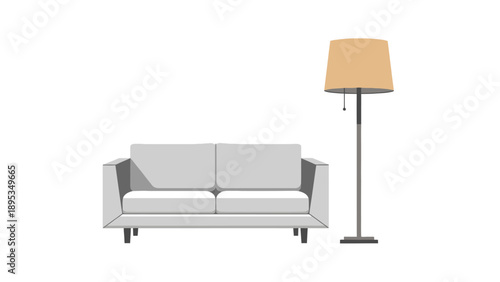 Modern minimalist grey sofa and floor lamp illustration.