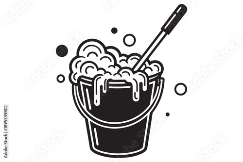A black and white illustration of a bucket filled with soapy water and a mop
