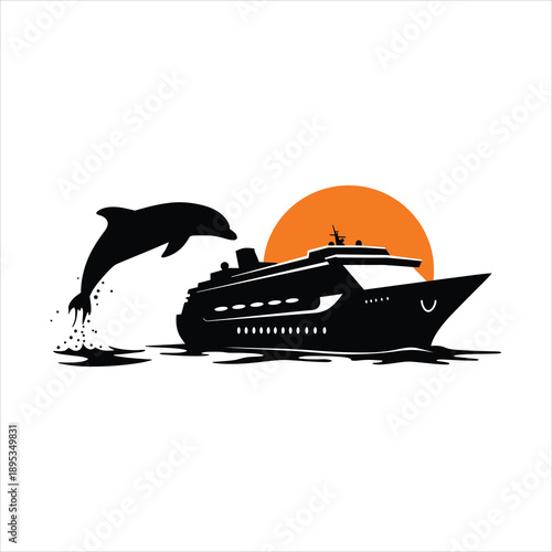 Silhouette of a dolphin jumping in front of a cruise ship at sunset