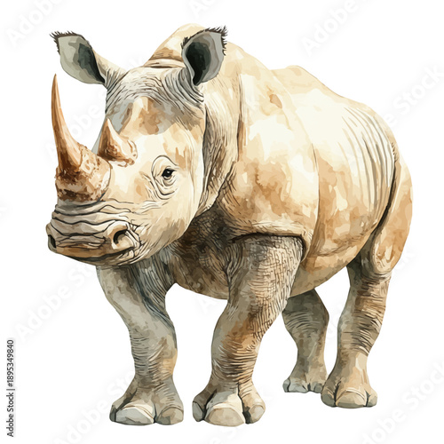 watercolor painting of White Rhinoceros graphic, isolated on a white background.