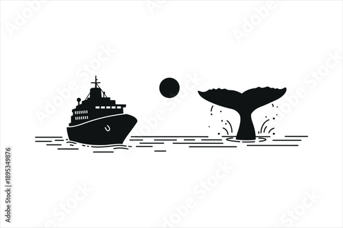Minimalist illustration depicting a ship whale tail and sun over water