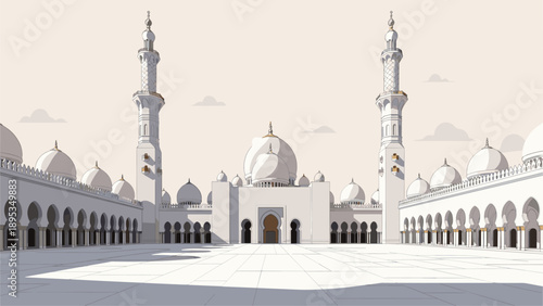 Majestic Middle Eastern mosque with stunning domes and minarets in beautiful white architecture