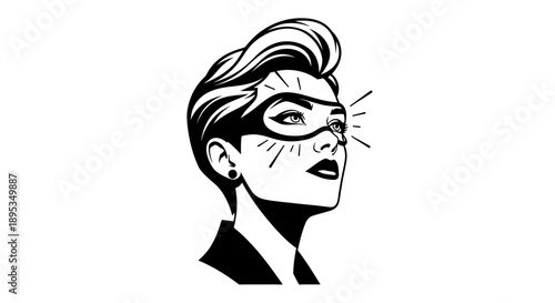 Powerful superhero woman illustration in black and white comic style.