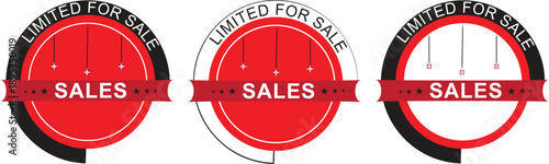 Circular sales badge with hanging tags and sale text icons.
