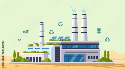 Modern eco friendly factory with solar panels and recycling symbols