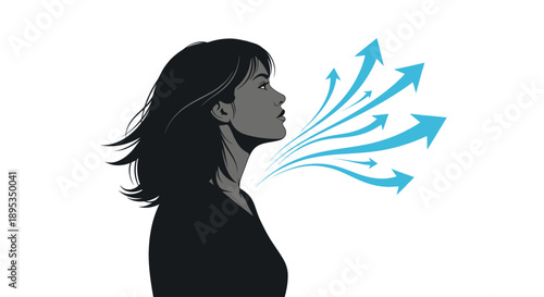Silhouette of a woman practicing deep breathing exercises with blue arrows representing airflow and fresh air.