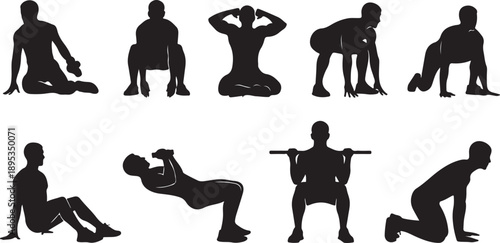 Silhouette of various fitness exercises and workout poses vector