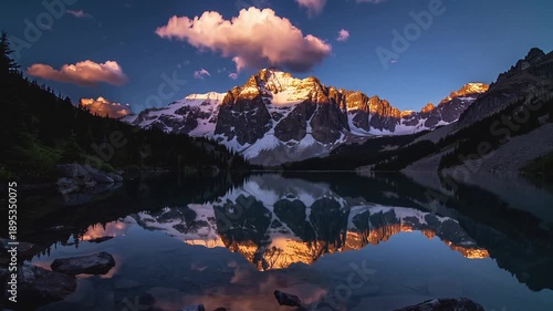 Hyper-realistic 4K footage of mountain lake at dusk