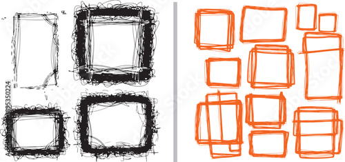 Hand-drawn vector set featuring thick, scribbled black rectangular frames with frayed edges alongside a collection of clean, orange-lined geometric boxes and overlapping rectangles.
