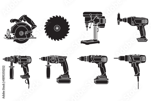 A collection of various power tools and equipment for construction and DIY projects