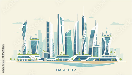 Modern ecofriendly cityscape with futuristic skyscrapers and green rooftops