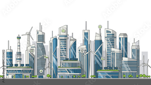 Modern sustainable cityscape with eco-friendly buildings and wind turbines
