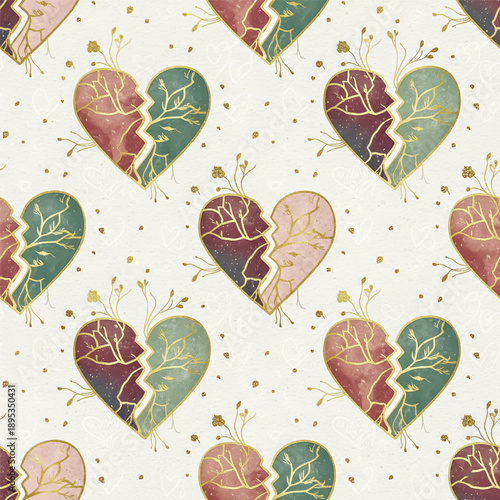 An elegant seamless pattern of broken hearts mended with gold, inspired by Kintsugi. A beautiful symbol of healing and love's resilience for Valentines Day. . Vector illustration