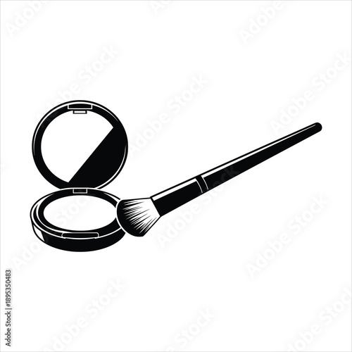 Black and white illustration of a makeup compact and brush