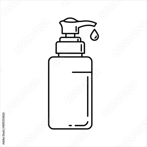 Line drawing of a pump bottle with a single droplet falling