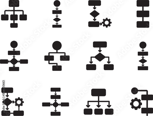 Process structure icon set in multiple styles, clean vector EPS collection for workflow, system and business design.