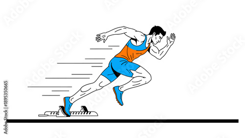 Vector illustration of a male athlete doing a sprint start from the starting block.