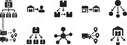   Distribution icon set in multiple styles, clean vector EPS collection for logistics, supply chain and UI design.