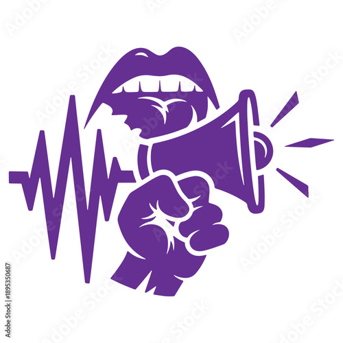 Vibrant illustration of a mouth shouting into a megaphone with a clenched fist symbolizing activism and protest