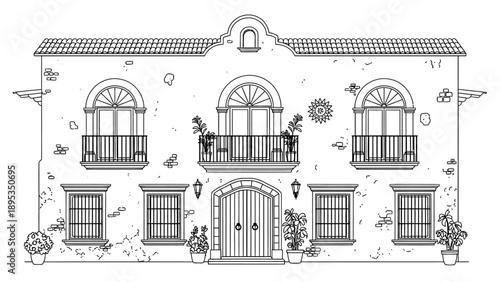 Illustration of a Mediterranean or Spanish style building facade with balconies.