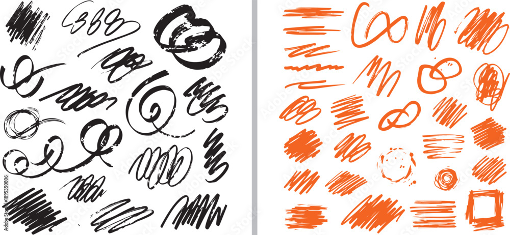 Fototapeta premium A collection of hand-drawn vector scribbles, swirls, and hatch marks in black and vibrant orange ink. Features expressive, messy doodles and textured graphic elements on a white background.