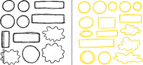 Hand-drawn vector set of sketchy black outlines and vibrant yellow highlighter frames, featuring circles, rectangles, and speech bubble clouds for notes and emphasis.
