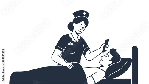 Illustration icon of a nurse providing medical care to a patient in a hospital bed.