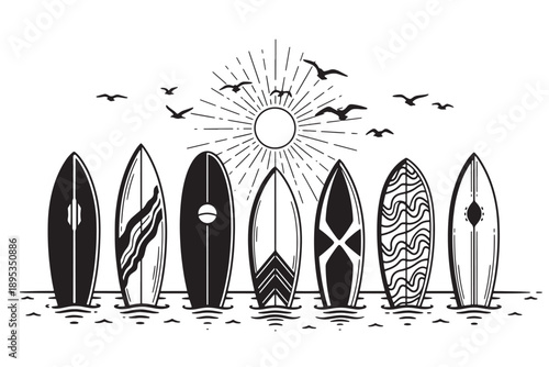 A black and white illustration of surfboards standing in the ocean with the sun shining and birds flying overhead.