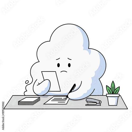 Sad cloud mascot writing at desk with office supplies, workload stress concept