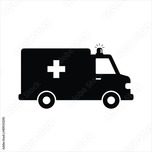 Simple black silhouette of an ambulance with a red cross and flashing light