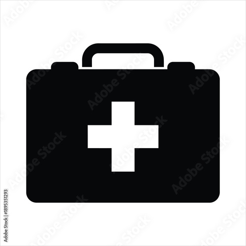 Simple black and white icon of a medical case with a white cross symbol