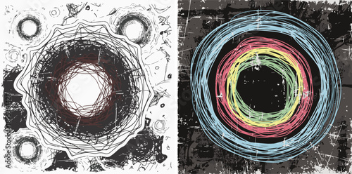 A pair of abstract vector illustrations showcasing expressive, concentric circular scribbles. Features a dark monochromatic vortex and a colorful blue, red, and yellow layered ring composition.