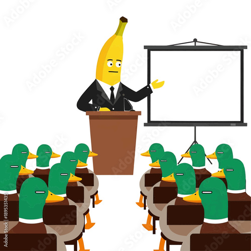 Banana character giving presentation to ducks in classroom, leadership concept