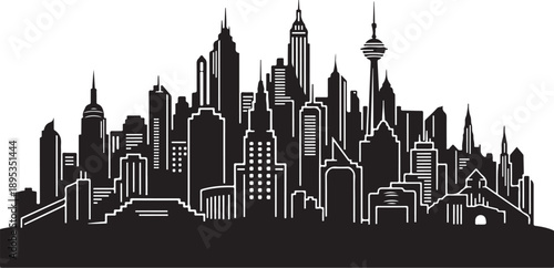 Black and White City Skyline with Modern Buildings Silhouette