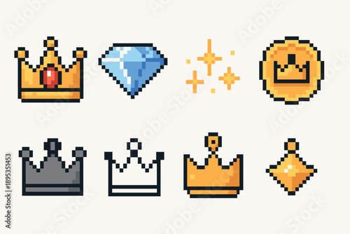 Pixel art icon set of crowns and gems. Vintage style pixelated treasures collection
