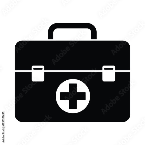 Simple black silhouette of a first aid kit with a white medical cross symbol