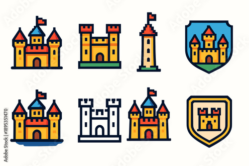Castle icon set: flat style collection with medieval and fantasy themes