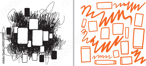 A creative vector set showcasing a dense black ink scribble with rectangular cutouts on the left, paired with vibrant orange hand-drawn squiggles and rectangular frames on the right.