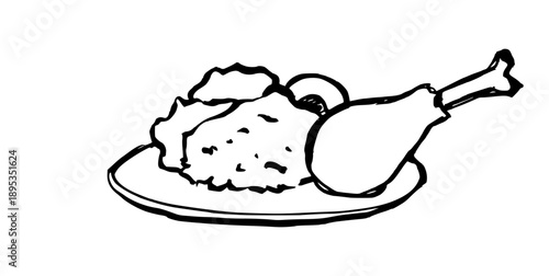 Roasted chicken with rice on a plate hand drawn doodle. Traditional iftar or sahur meal sketch for Ramadan food concept. Handcrafted delicious dinner illustration.

