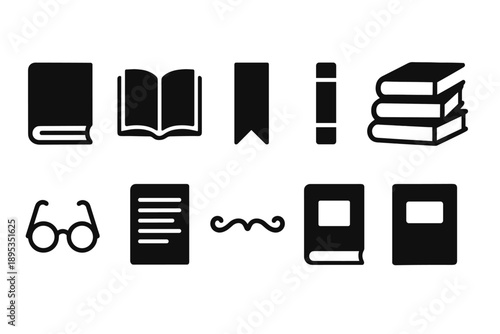 Books and reading solid icon set. Library, literature, bookstore icons collection