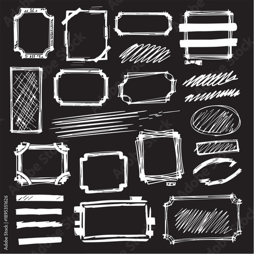 A collection of hand-drawn white chalk frames, borders, and decorative elements on a black background, featuring various geometric shapes with a sketchy, textured chalkboard aesthetic.