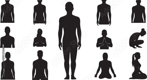 Human Silhouettes in Various Poses and Yoga Positions Illustration
