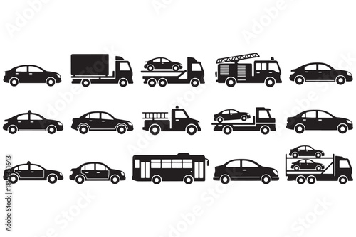 A collection of various vehicles including cars, trucks, and emergency response vehicles in black silhouette on a white background.
