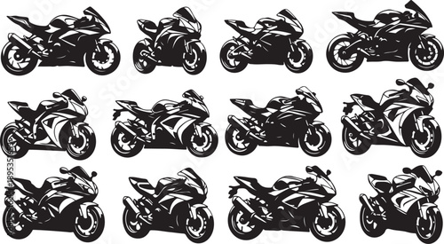 Collection of various motorcycle silhouettes in black and white