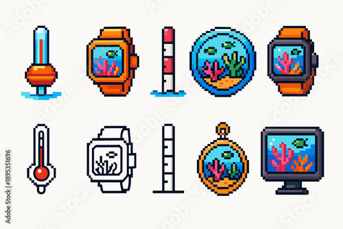 Aquatic life icon set. Colorful, pixel art icons for ocean and marine themes