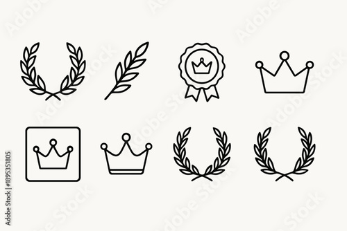 Crown and laurel outline icon set. Royalty, achievement symbols in simple outline style