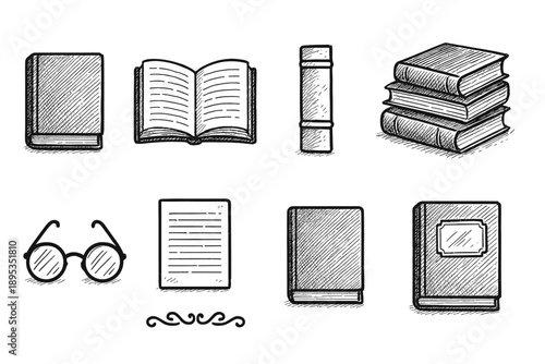 Literature, reading sketch icon set. Books, glasses, pages linear illustration