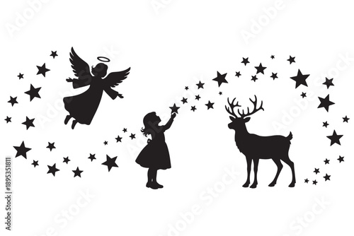 A magical scene of a little girl and an angel surrounded by stars and a reindeer