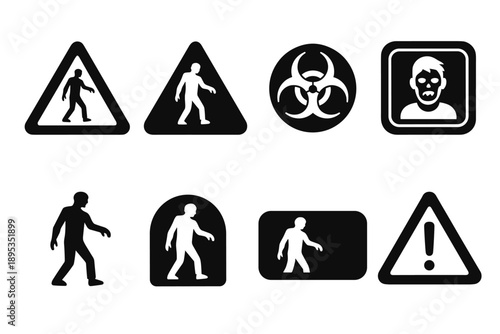 Zombie warning silhouette icon set. Caution, hazard symbols collection