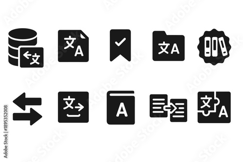 Language translation solid icon set. Multilingual, communication icons collection